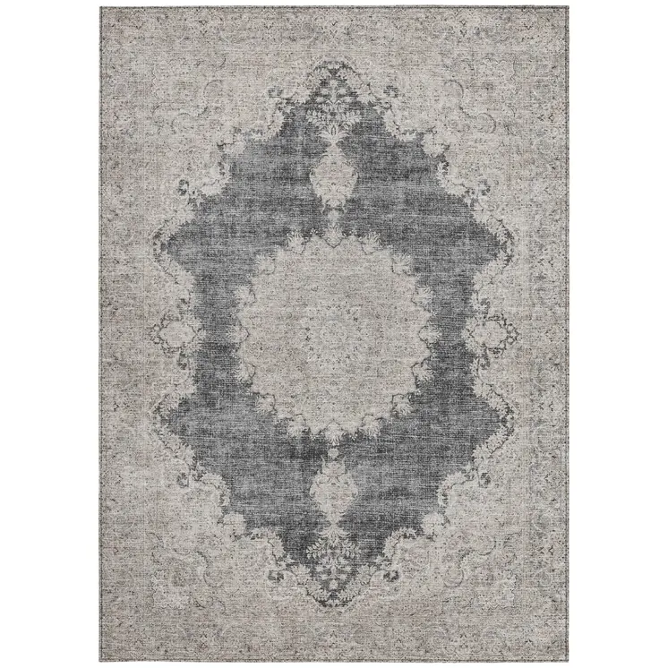 5' X 8' Black And Ivory Oriental Washable Indoor Outdoor Area Rug
