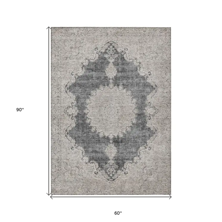 5' X 8' Black And Ivory Oriental Washable Indoor Outdoor Area Rug