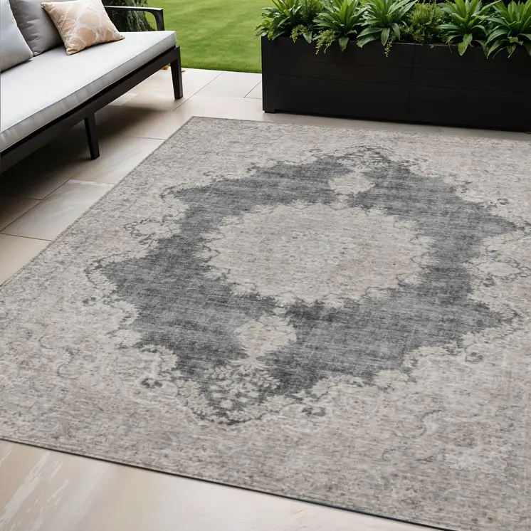 5' X 8' Black And Ivory Oriental Washable Indoor Outdoor Area Rug