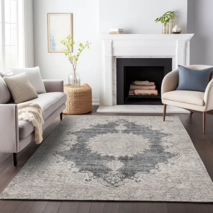 5' X 8' Black And Ivory Oriental Washable Indoor Outdoor Area Rug