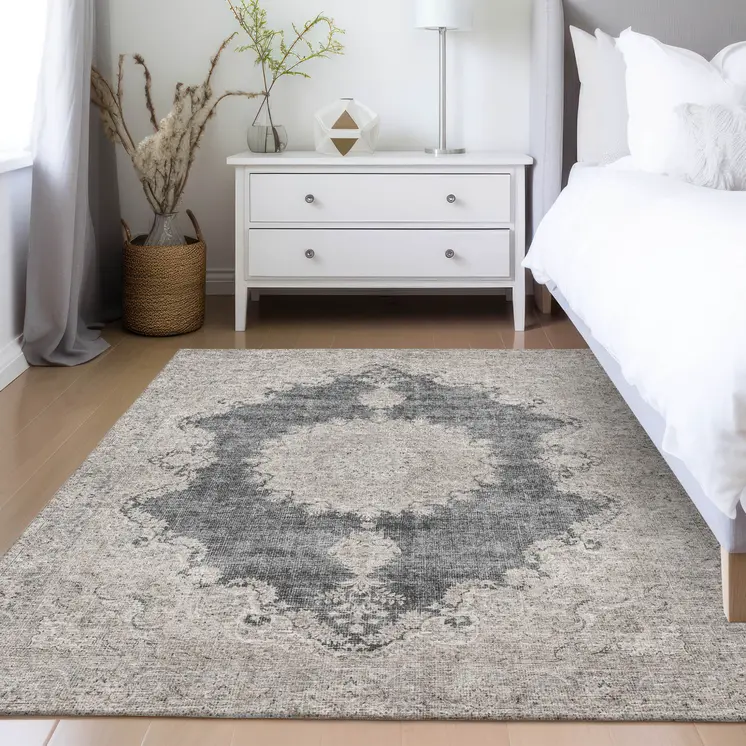 5' X 8' Black And Ivory Oriental Washable Indoor Outdoor Area Rug