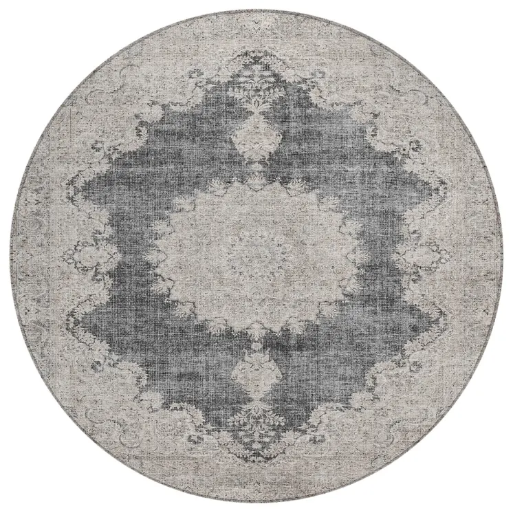 8' Black And Ivory Round Oriental Washable Indoor Outdoor Area Rug