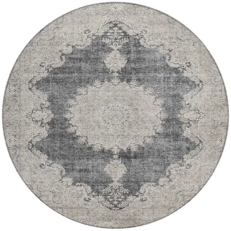 8' Black And Ivory Round Oriental Washable Indoor Outdoor Area Rug