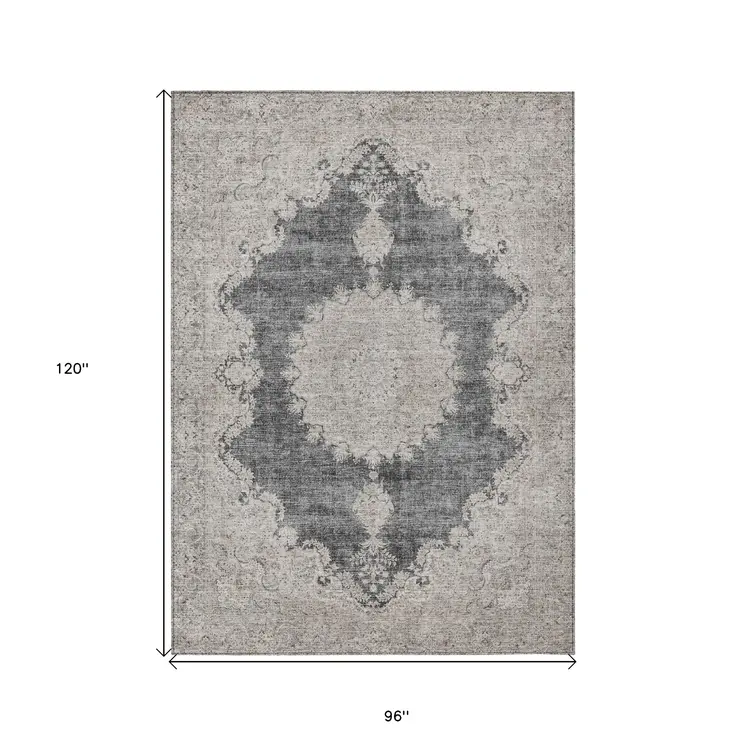 8' X 10' Black And Ivory Oriental Washable Indoor Outdoor Area Rug