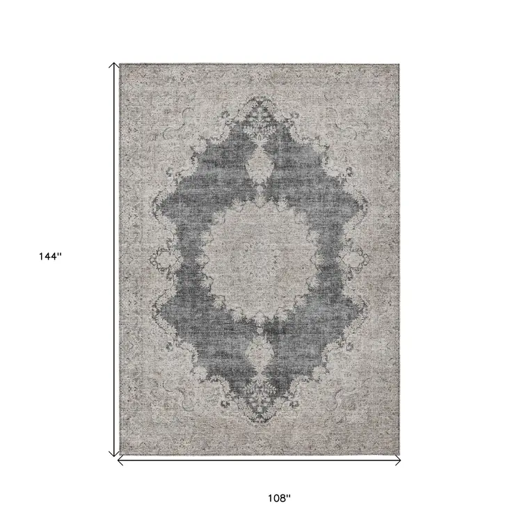 9' X 12' Black And Ivory Oriental Washable Indoor Outdoor Area Rug