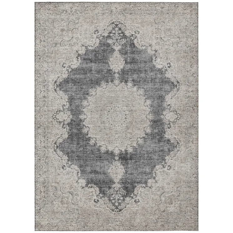 9' X 12' Black And Ivory Oriental Washable Indoor Outdoor Area Rug
