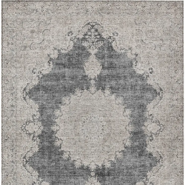 10' X 14' Black And Ivory Oriental Washable Indoor Outdoor Area Rug