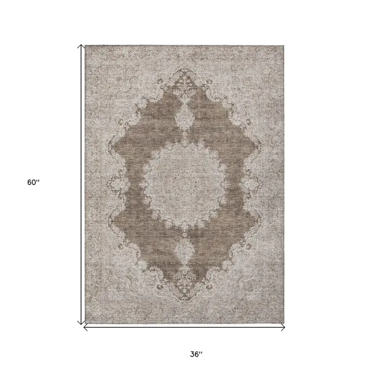 3' X 5' Brown And Beige Oriental Washable Indoor Outdoor Area Rug