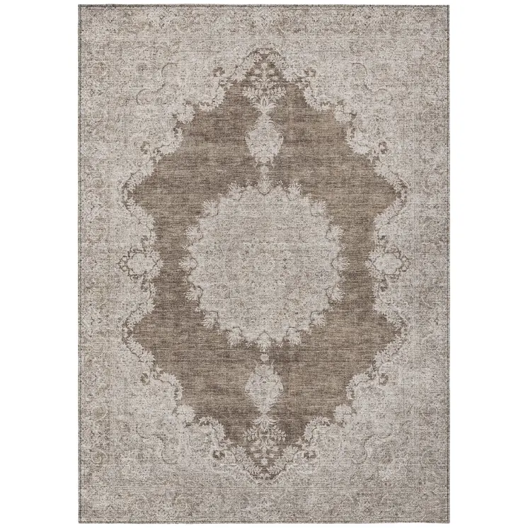 3' X 5' Brown And Beige Oriental Washable Indoor Outdoor Area Rug