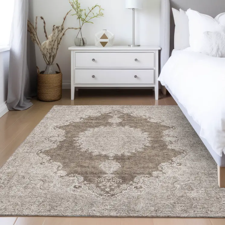 5' X 8' Brown And Beige Oriental Washable Indoor Outdoor Area Rug