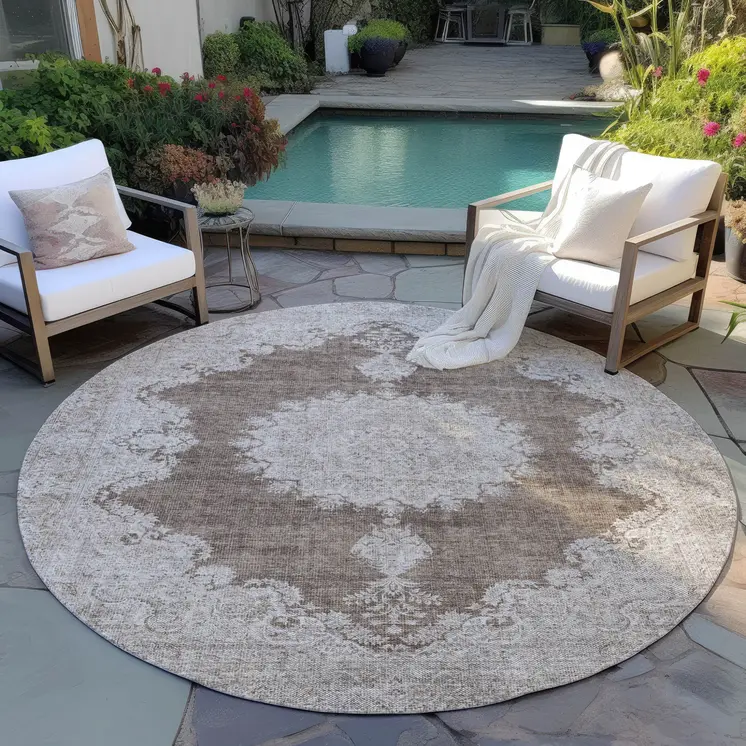 8' Brown And Beige Round Oriental Washable Indoor Outdoor Area Rug