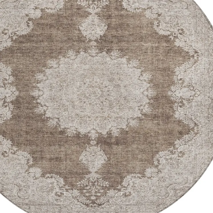 8' Brown And Beige Round Oriental Washable Indoor Outdoor Area Rug