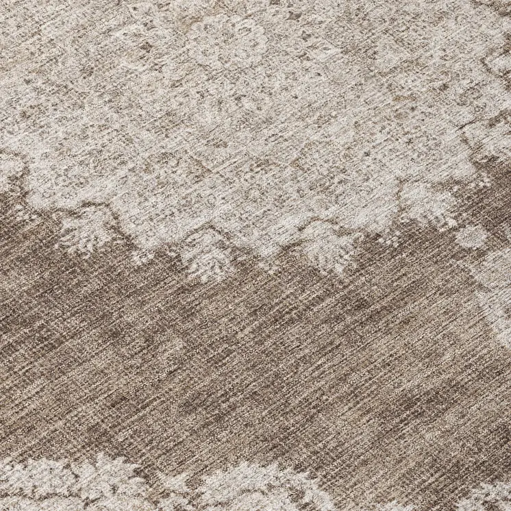 8' Brown And Beige Round Oriental Washable Indoor Outdoor Area Rug