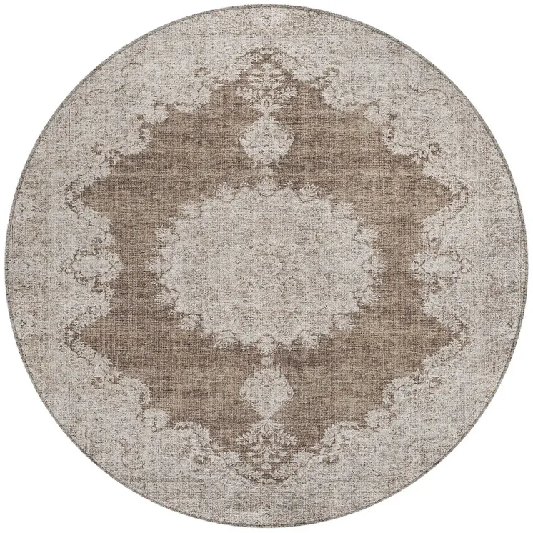 8' Brown And Beige Round Oriental Washable Indoor Outdoor Area Rug