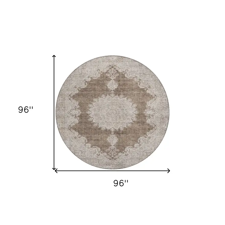 8' Brown And Beige Round Oriental Washable Indoor Outdoor Area Rug