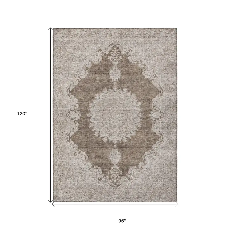 8' X 10' Brown And Beige Oriental Washable Indoor Outdoor Area Rug