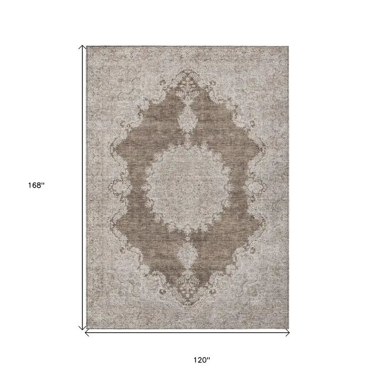 10' X 14' Brown And Beige Oriental Washable Indoor Outdoor Area Rug