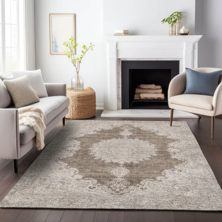 10' X 14' Brown And Beige Oriental Washable Indoor Outdoor Area Rug