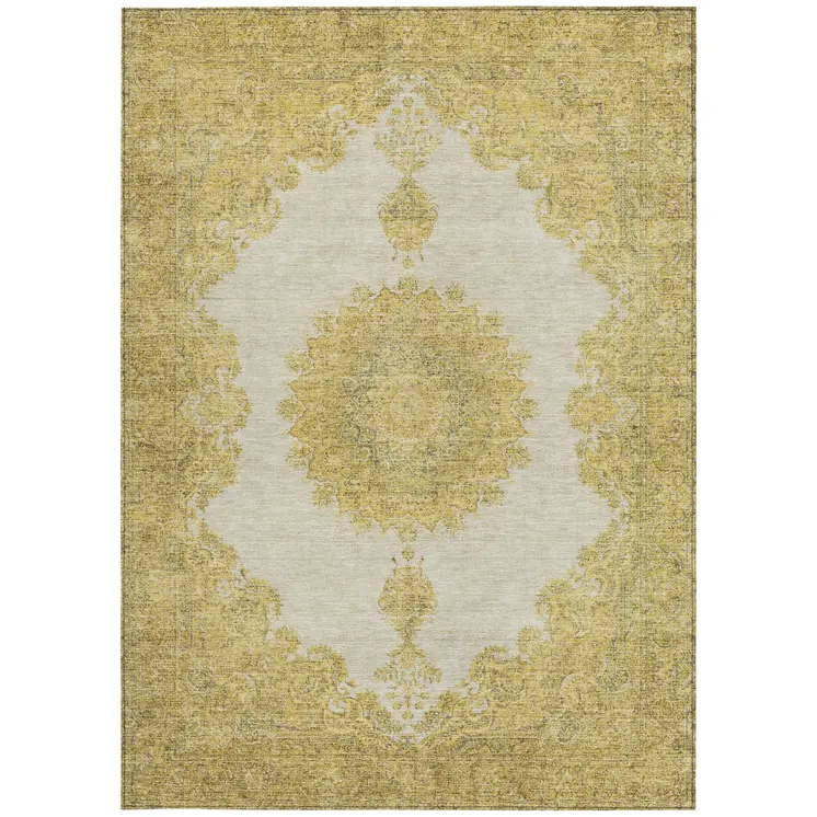 5' X 8' Gold And Ivory Oriental Washable Indoor Outdoor Area Rug
