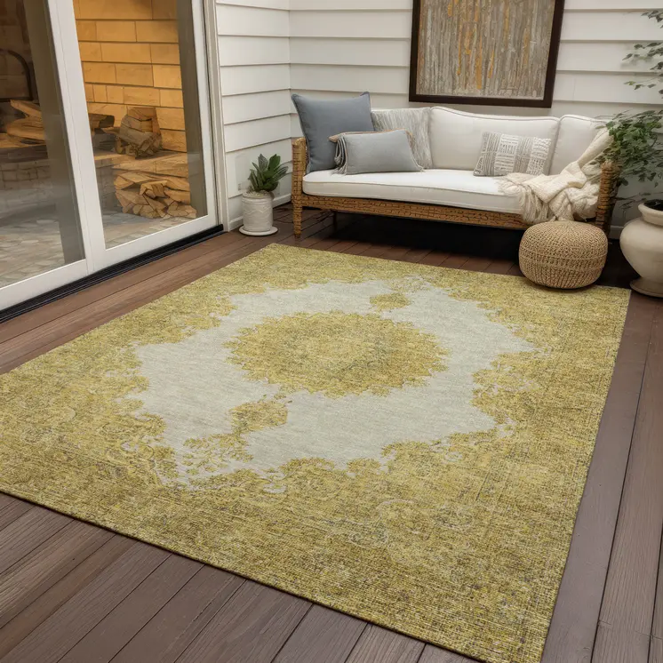 5' X 8' Gold And Ivory Oriental Washable Indoor Outdoor Area Rug