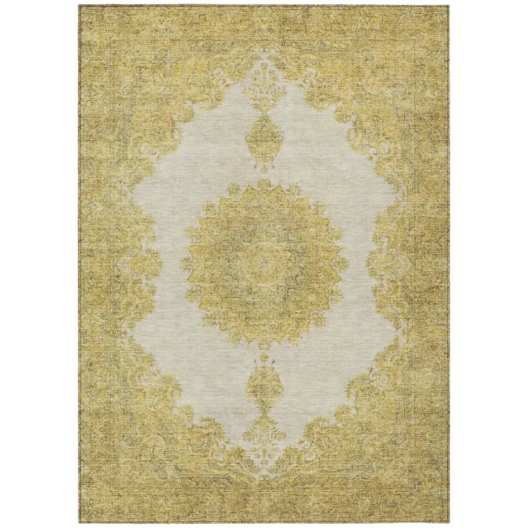 5' X 8' Gold And Ivory Oriental Washable Indoor Outdoor Area Rug