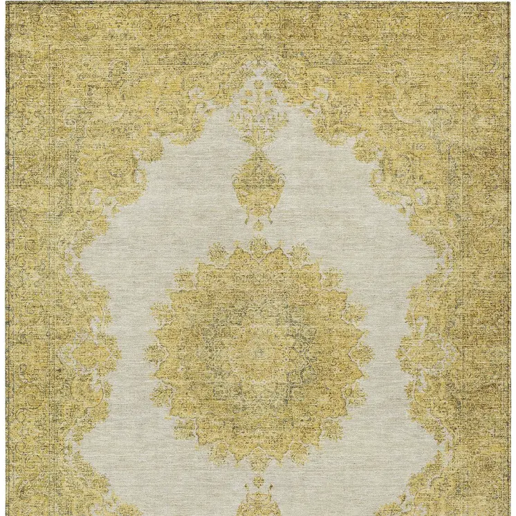 5' X 8' Gold And Ivory Oriental Washable Indoor Outdoor Area Rug
