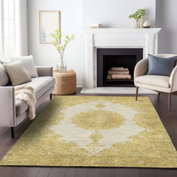 5' X 8' Gold And Ivory Oriental Washable Indoor Outdoor Area Rug