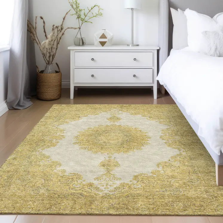 5' X 8' Gold And Ivory Oriental Washable Indoor Outdoor Area Rug