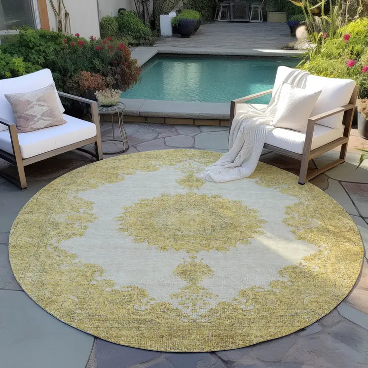 8' Gold And Ivory Round Oriental Washable Indoor Outdoor Area Rug