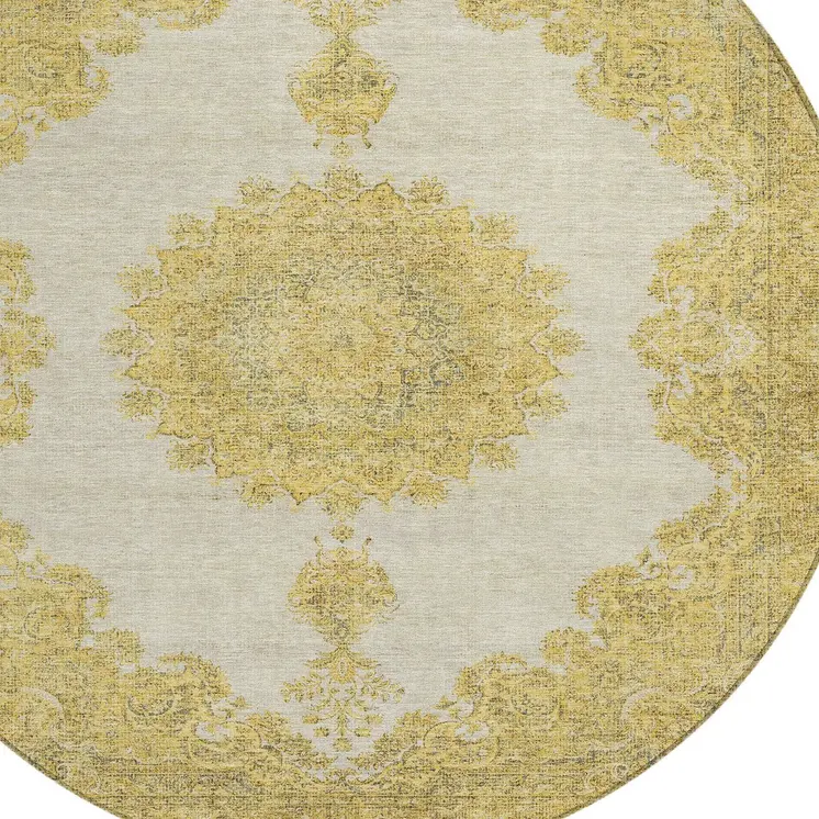 8' Gold And Ivory Round Oriental Washable Indoor Outdoor Area Rug