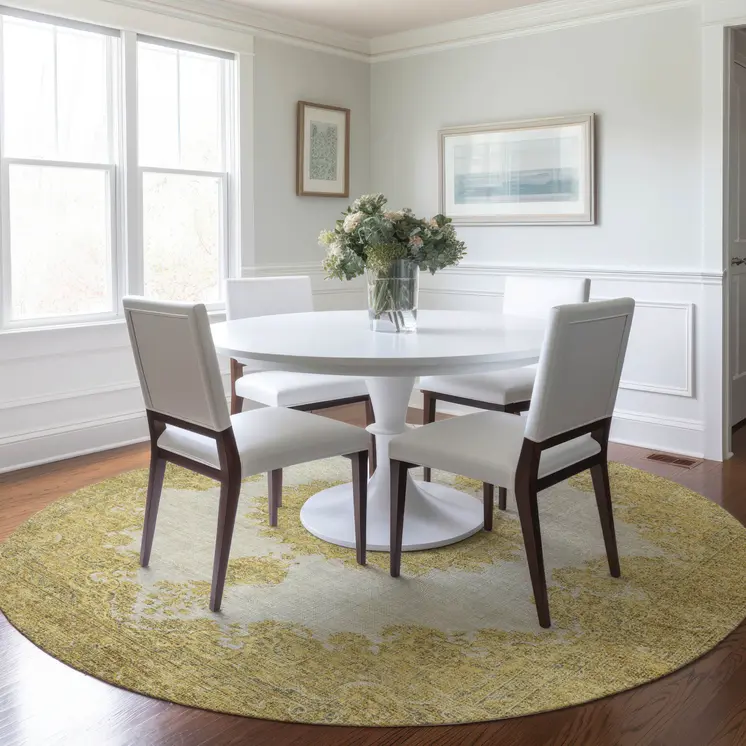 8' Gold And Ivory Round Oriental Washable Indoor Outdoor Area Rug