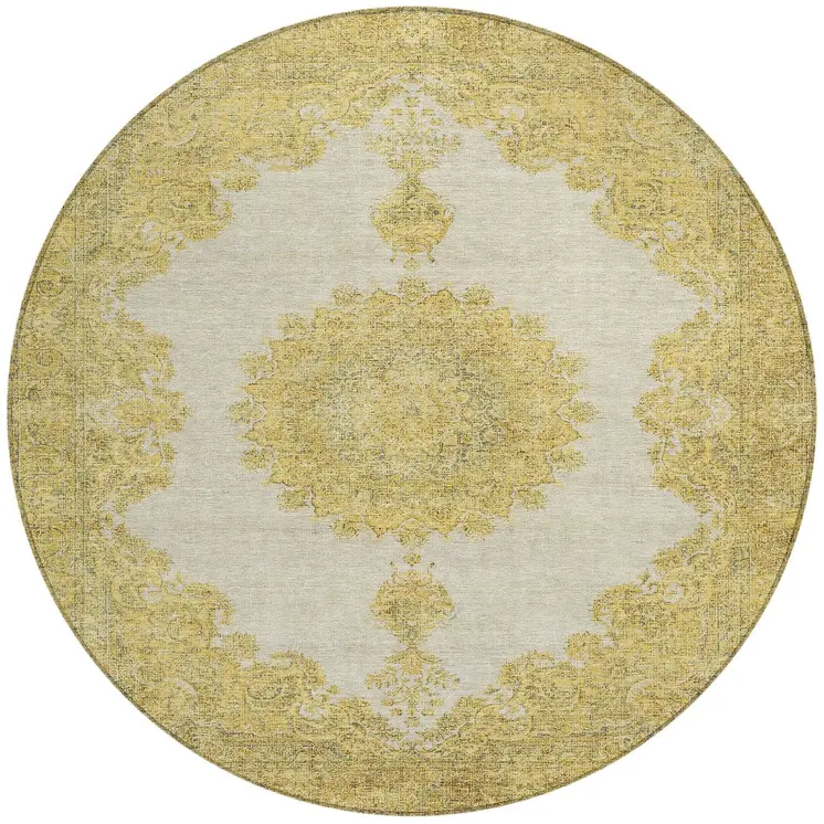 8' Gold And Ivory Round Oriental Washable Indoor Outdoor Area Rug