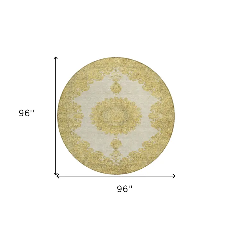 8' Gold And Ivory Round Oriental Washable Indoor Outdoor Area Rug