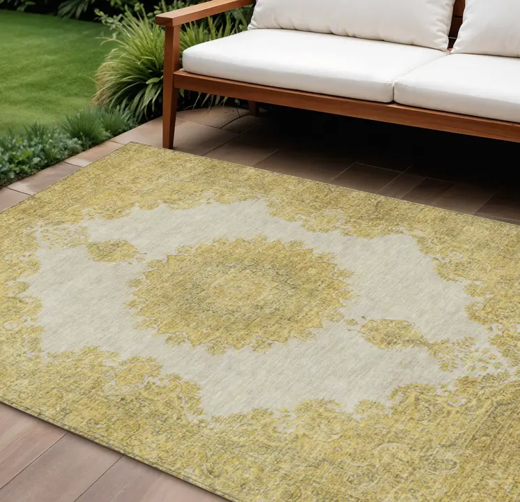 10' X 14' Gold And Ivory Oriental Washable Indoor Outdoor Area Rug