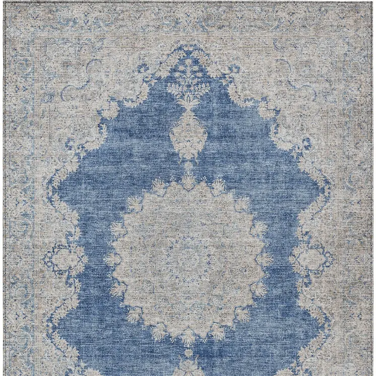3' X 5' Navy Blue And Ivory Oriental Washable Indoor Outdoor Area Rug