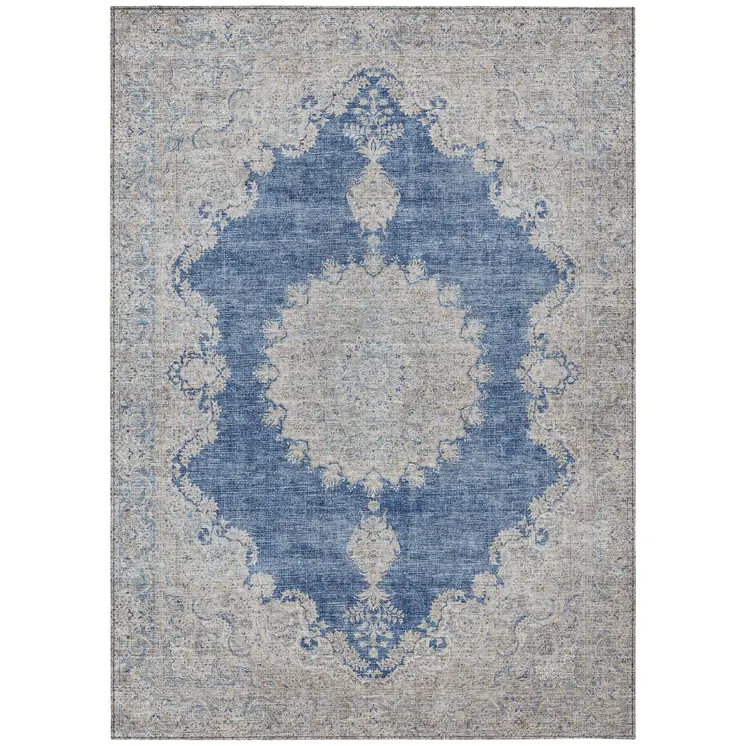 3' X 5' Navy Blue And Ivory Oriental Washable Indoor Outdoor Area Rug