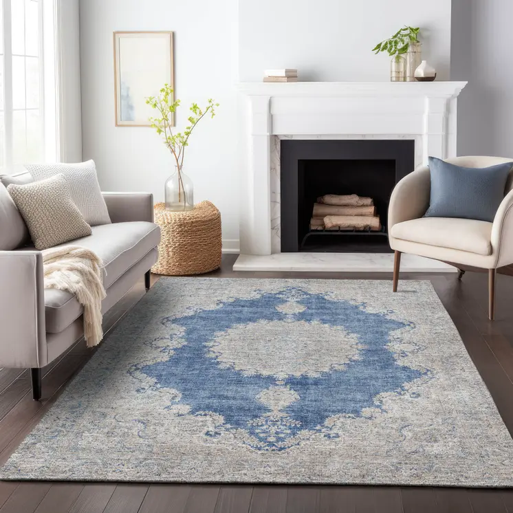 3' X 5' Navy Blue And Ivory Oriental Washable Indoor Outdoor Area Rug