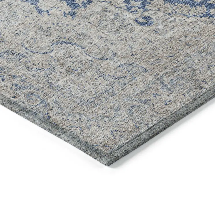 5' X 8' Navy Blue And Ivory Oriental Washable Indoor Outdoor Area Rug