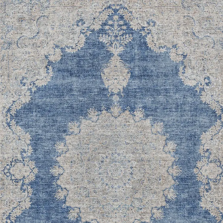 5' X 8' Navy Blue And Ivory Oriental Washable Indoor Outdoor Area Rug