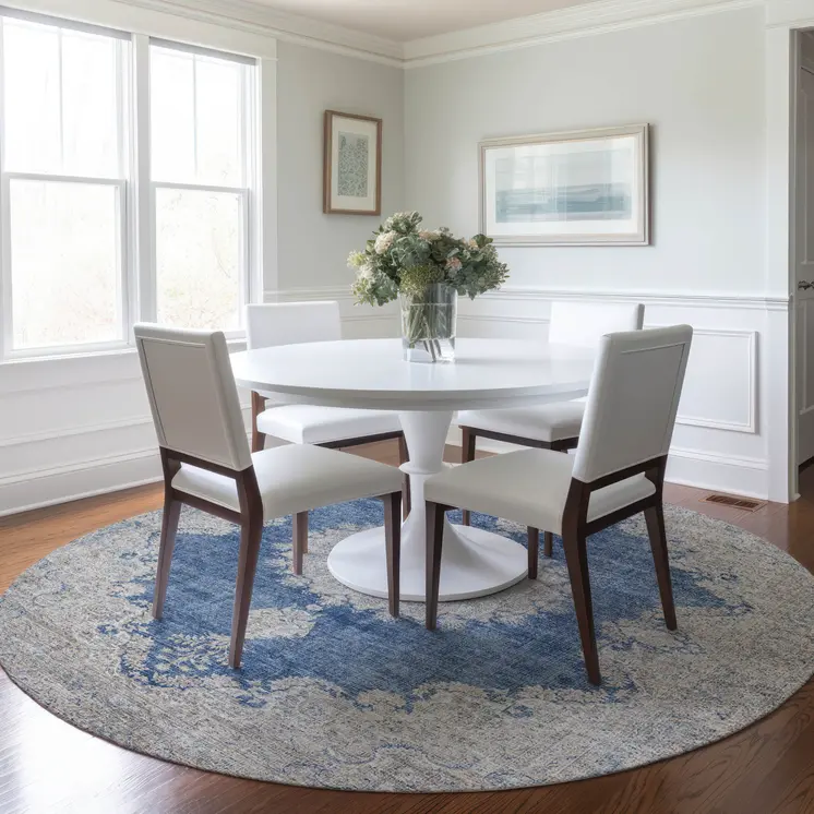 8' Navy Blue And Ivory Round Oriental Washable Indoor Outdoor Area Rug