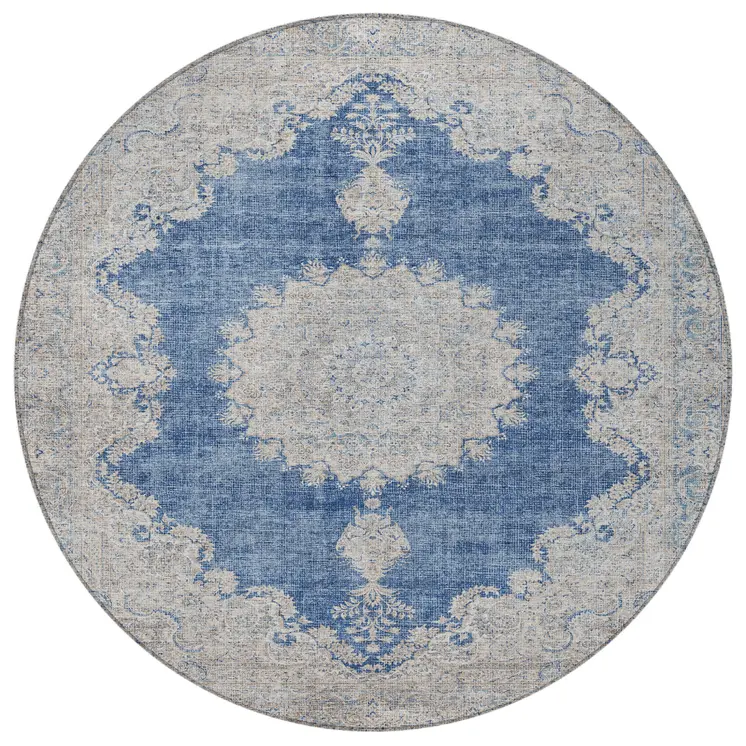 8' Navy Blue And Ivory Round Oriental Washable Indoor Outdoor Area Rug