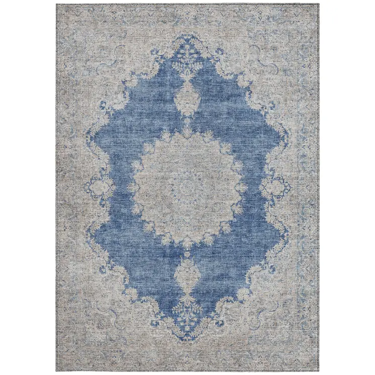 8' X 10' Navy Blue And Ivory Oriental Washable Indoor Outdoor Area Rug
