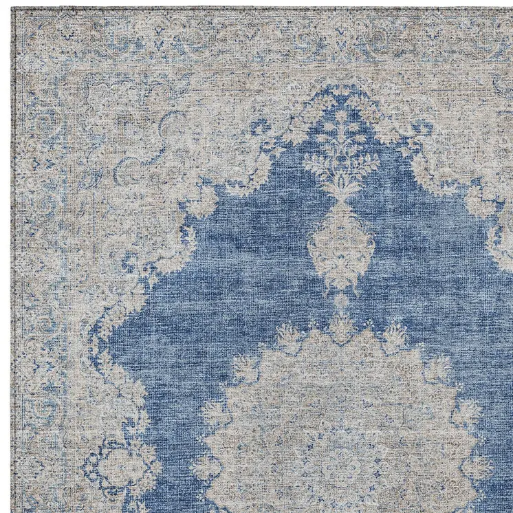 8' X 10' Navy Blue And Ivory Oriental Washable Indoor Outdoor Area Rug