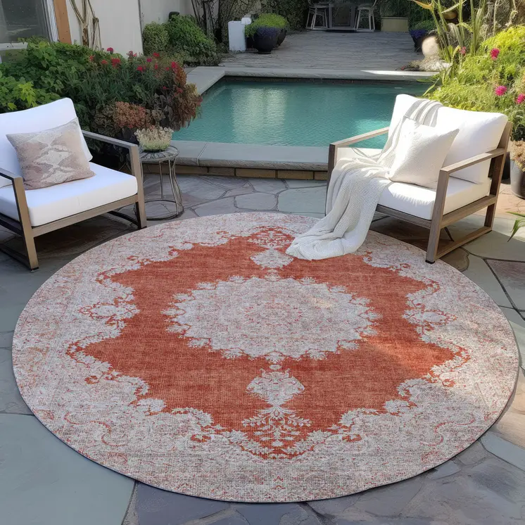 8' Rust And Beige Round Oriental Washable Indoor Outdoor Area Rug