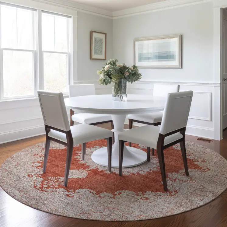 8' Rust And Beige Round Oriental Washable Indoor Outdoor Area Rug
