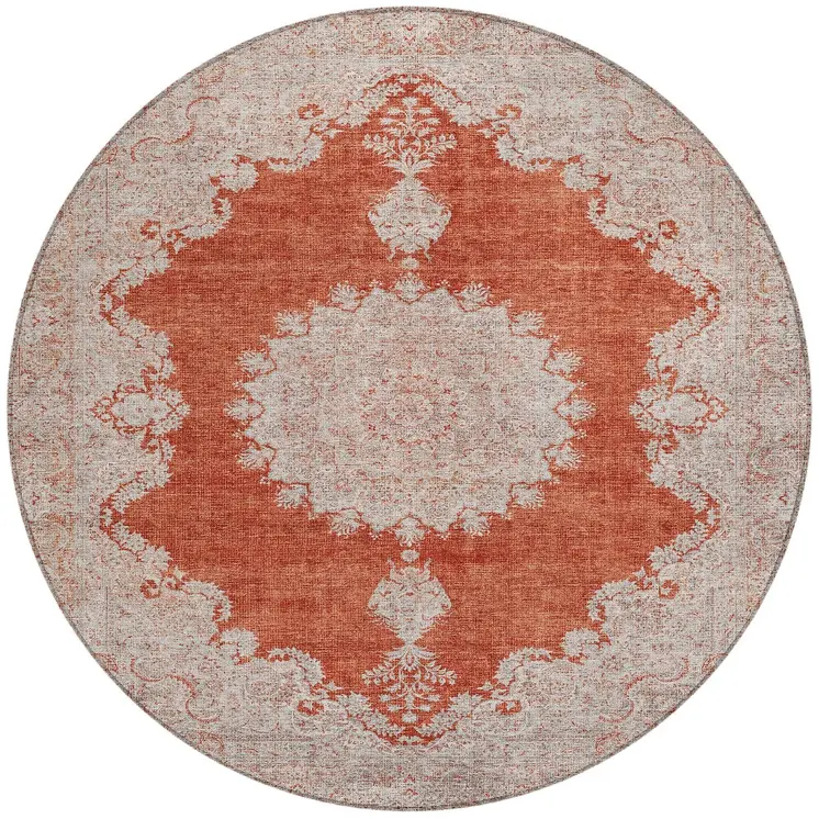 8' Rust And Beige Round Oriental Washable Indoor Outdoor Area Rug