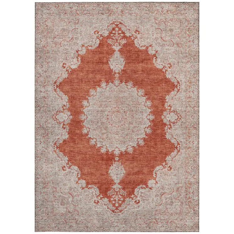 9' X 12' Rust And Beige Oriental Washable Indoor Outdoor Area Rug