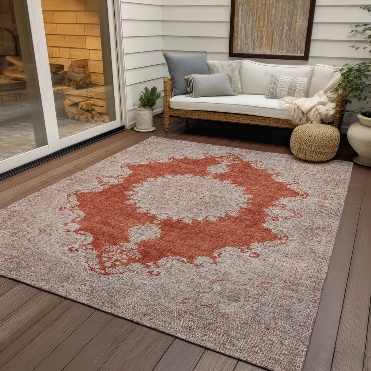 9' X 12' Rust And Beige Oriental Washable Indoor Outdoor Area Rug