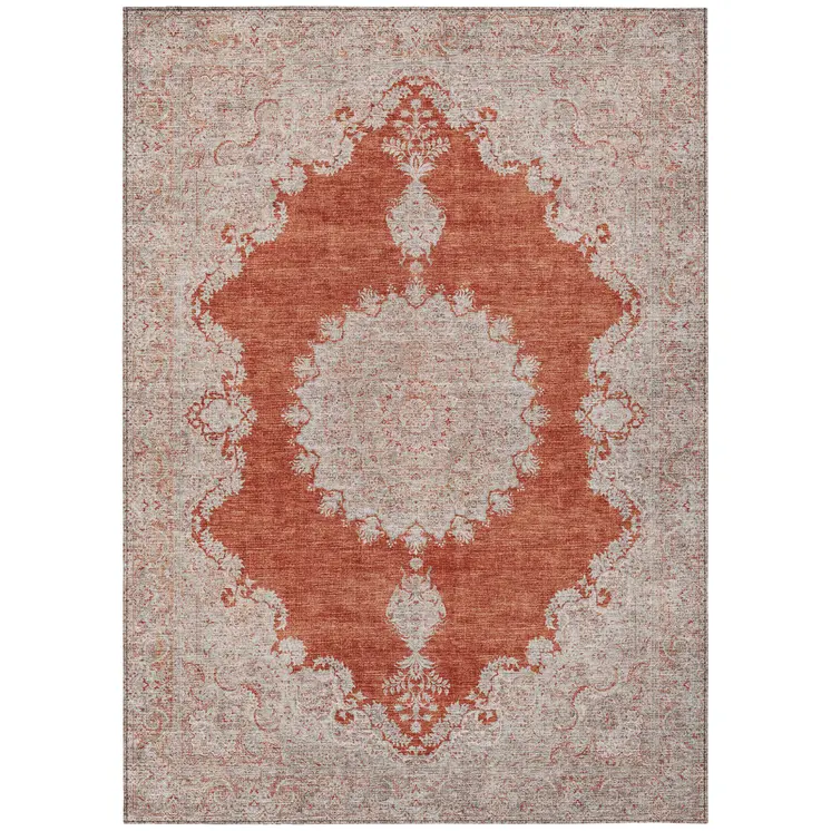 9' X 12' Rust And Beige Oriental Washable Indoor Outdoor Area Rug