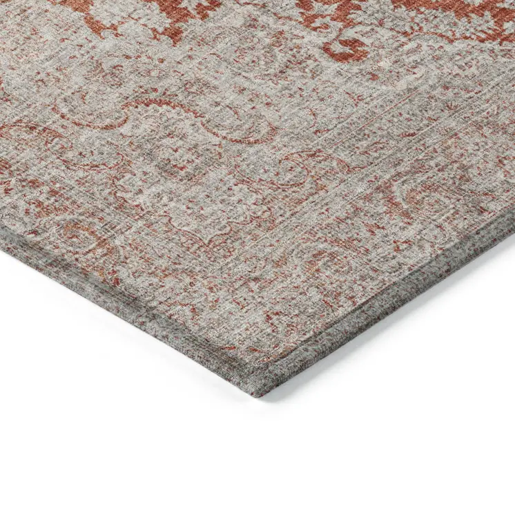 9' X 12' Rust And Beige Oriental Washable Indoor Outdoor Area Rug